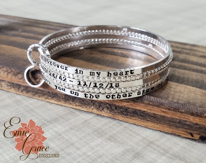 Forever in My Heart Bracelet Set, Sterling Silver Bangles with Heart, Set of Five, Hand Stamped Personalized