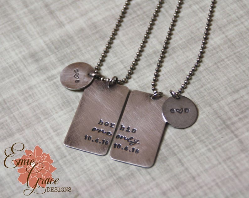 Her One, His Only Necklaces, Sterling Silver Couple's Dog Tag Necklace Set, Hand Stamped image 2