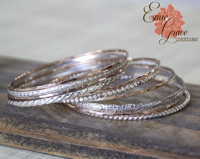 Bangle Bracelet Set of Ten, Sterling Silver and Rose Gold Filled Stacking Bangles, Dot, Floral, Twist. Weave, Leaf and Skinny Hammered