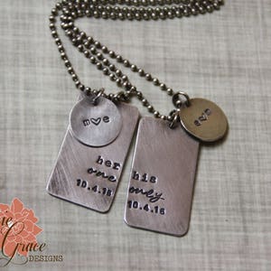 Her One, His Only Necklaces, Sterling Silver Couple's Dog Tag Necklace Set, Hand Stamped image 4