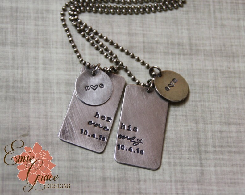 Her One, His Only Necklaces, Sterling Silver Couple's Dog Tag Necklace Set, Hand Stamped image 4