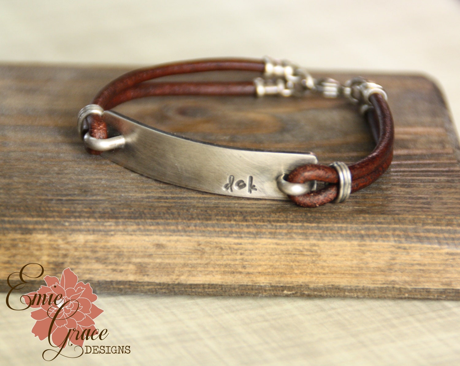 Men's Leather Bracelet, Sterling Silver Bar, Personalized Jewelry, Monogram,  Hand Stamped Message