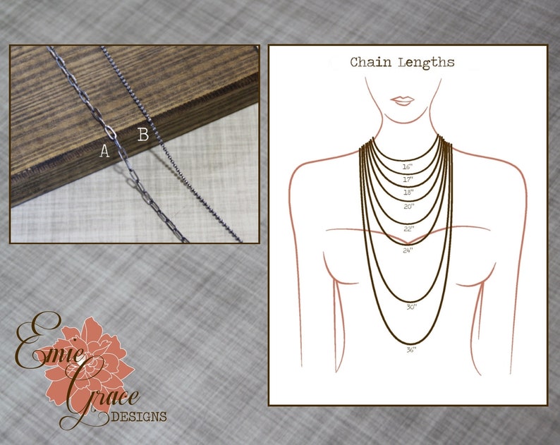 Puede incluir: Dos cadenas plateadas, etiquetadas como A y B, se muestran sobre una superficie de madera. Un diagrama muestra las diferentes longitudes de las cadenas, de 40,6 cm a 91,4 cm, en el cuello de una mujer.  "Chain Lengths" est&aacute; escrito en la parte superior del diagrama.