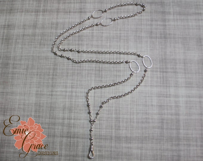 Sterling Silver Lanyard Necklace, Badge Holder, Sterling Silver Beads, Hammered Rings, Silver Chain