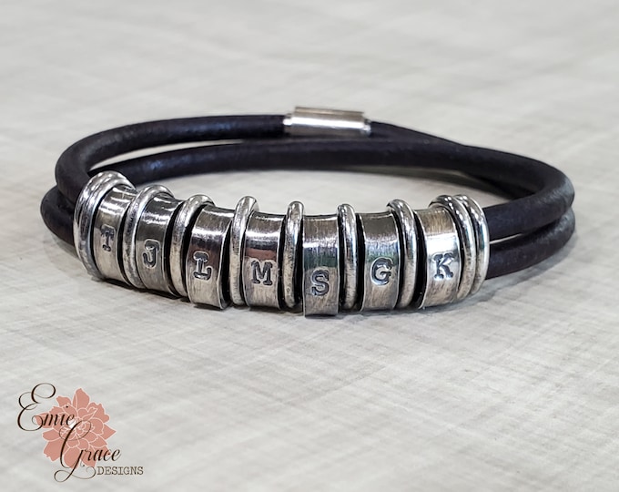 Double Wrap Leather Initial Bracelet, Sterling Silver Rings, Personalized Men's Jewelry, Hand Stamped