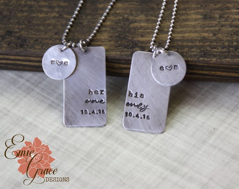 Her One, His Only Necklaces, Sterling Silver Couple's Dog Tag Necklace Set, Hand Stamped image 1