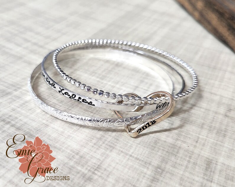 Sterling Silver Personalized Bracelet Set, Yellow Gold Filled Heart, Custom Message Bangle Set, Three Bangles, Hand Stamped image 5
