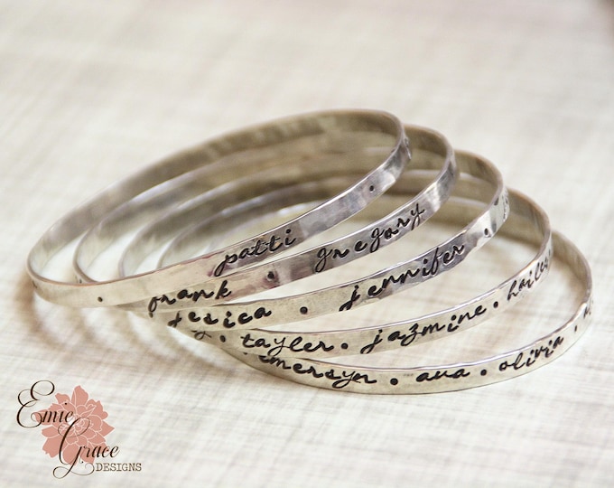 Personalized Silver Bangle, 4mm Sterling Silver Hand Stamped Message Bracelet, Names, Custom Text, Grandmas Bracelet,  Mom's Bracelet