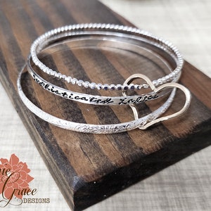 Sterling Silver Personalized Bracelet Set, Yellow Gold Filled Heart, Custom Message Bangle Set, Three Bangles, Hand Stamped image 1