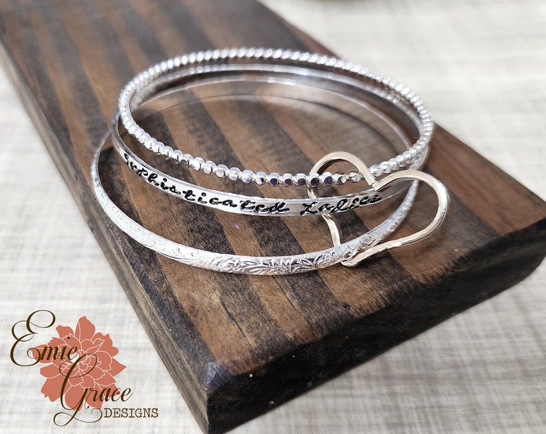Sterling Silver Personalized Bracelet Set, Yellow Gold Filled Heart, Custom Message Bangle Set, Three Bangles, Hand Stamped image 1