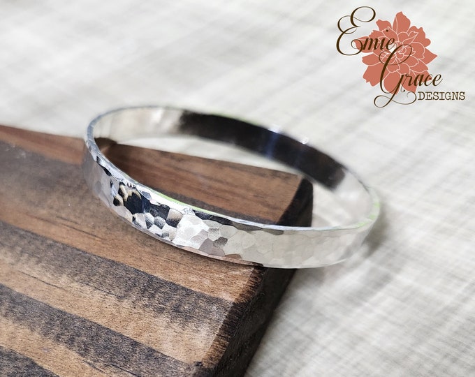 Silver Thick Hammered Bangle, 8mm Sterling Silver Bracelet, Hand Stamped Message Bracelet, Personalized, Custom Text
