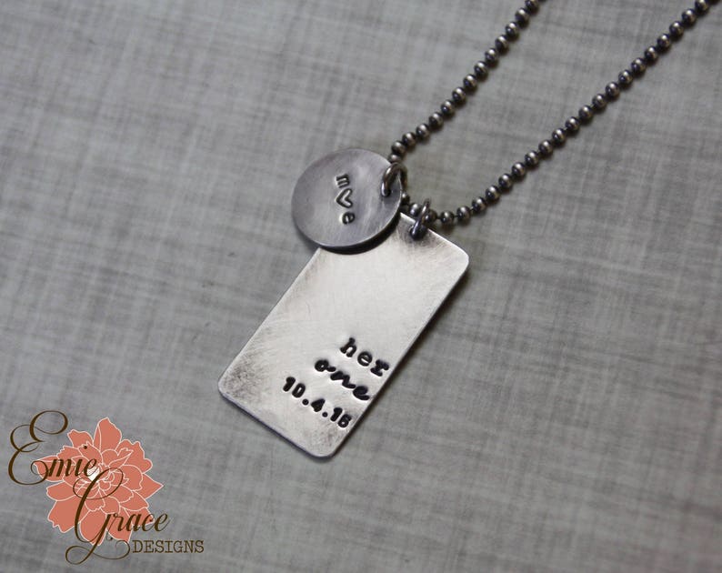 Her One, His Only Necklaces, Sterling Silver Couple's Dog Tag Necklace Set, Hand Stamped image 6