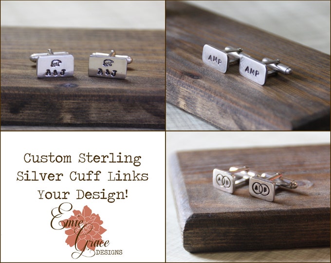 Sterling Silver Cufflinks, Custom Designed Rectangle Cuff Links, Hand Stamped, Personalized Mens Jewelry, Custom Shirt Fasteners