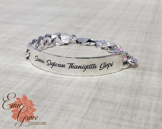 Thick Sterling Silver Bar Bracelet, Identification Bracelet, Engraved Jewelry, Personalized Message
