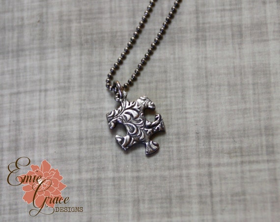 Silver Puzzle Piece Necklace, Autism Awareness, Fine Silver and Sterling Silver, Petite Puzzle Piece, Precious Metal Clay