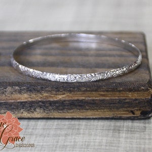 Sterling Silver Floral Bangle Bracelet, Individual Bangle, Flower Scroll Silver Bracelet