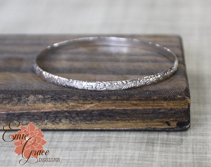 Sterling Silver Floral Bangle Bracelet, Individual Bangle, Flower Scroll Silver Bracelet