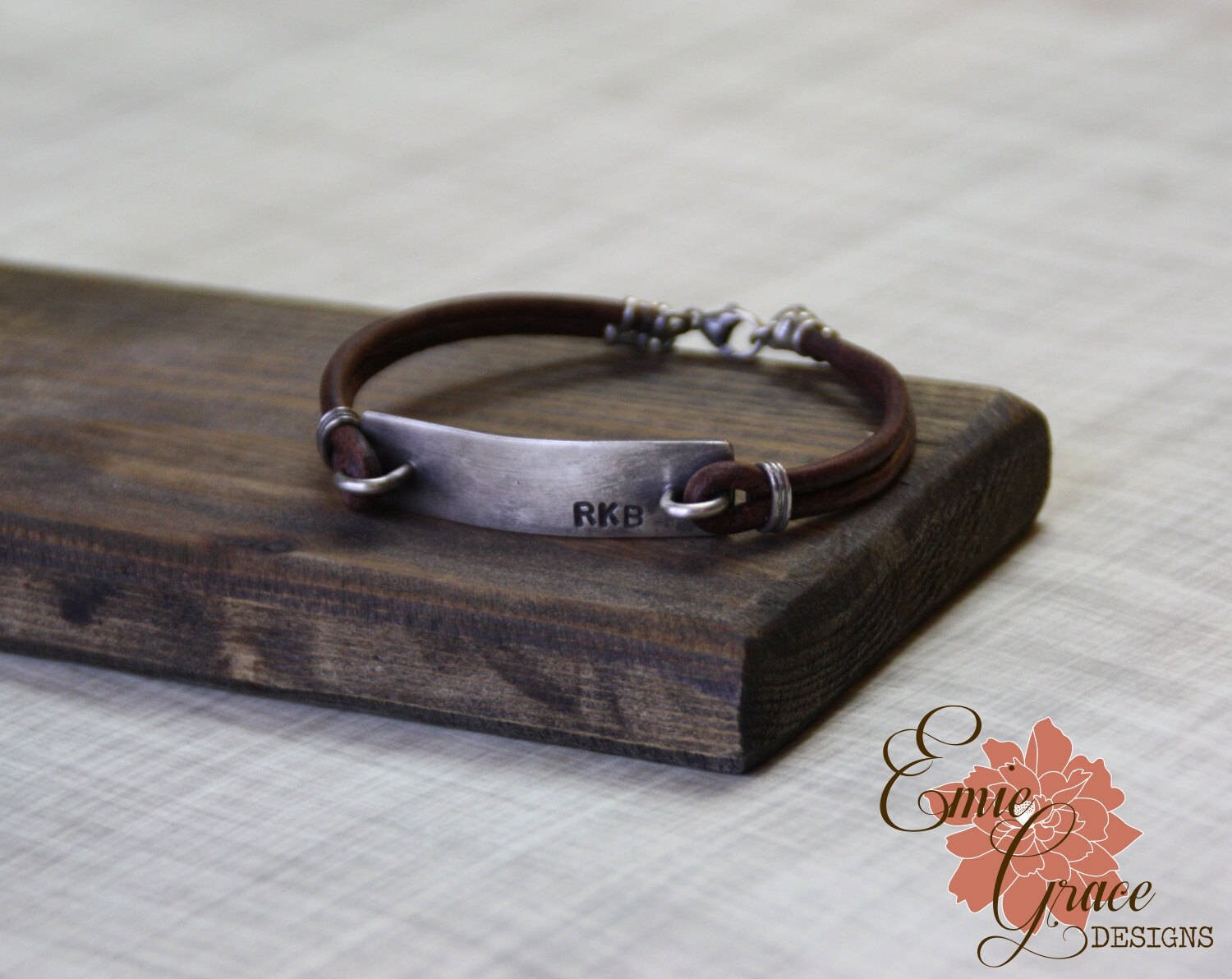 Sterling Silver Bar Bracelet, Men's Leather Bracelet, Monogram, Hand