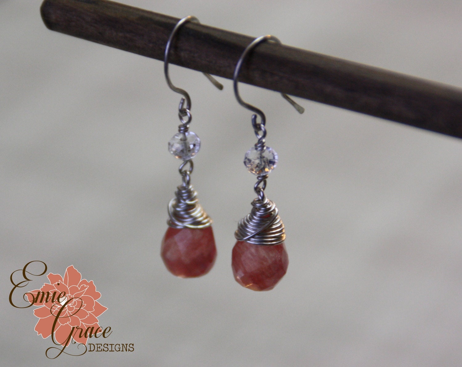 Cherry Quartz and Sterling Silver Earrings, Clear Quartz Gemstone Drop