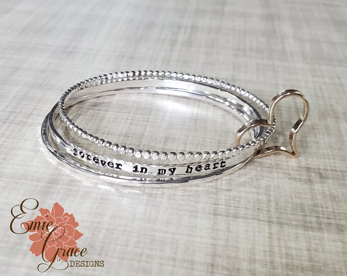 Forever in My Heart Bracelet Set, Sterling Silver Bangles with Yellow Gold Filled Heart, Set of Three, Hand Stamped Personalized Name