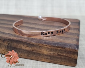 Name Cuff Bracelet, 5mm Sterling Silver, Yellow Gold, Rose Gold Filled w/ Pearl, Personalized Message, Mom Gift, Hand Stamped Bangle