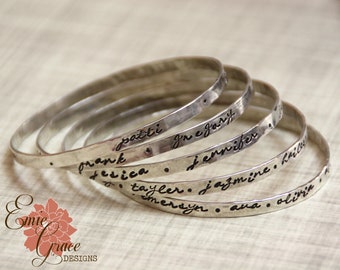 Personalized Silver Bangle, 4mm Sterling Silver Hand Stamped Message Bracelet, Names, Custom Text, Grandmas Bracelet,  Mom's Bracelet