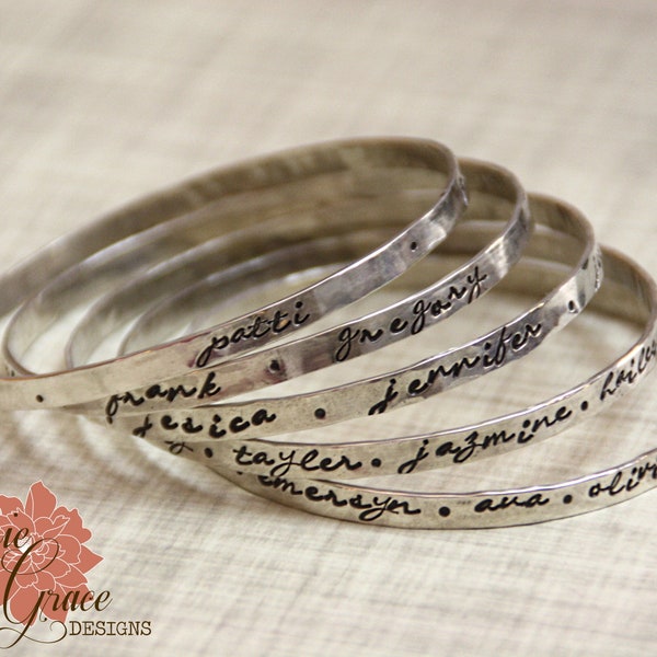 Personalized Silver Bangle, 4mm Sterling Silver Hand Stamped Message Bracelet, Names, Custom Text, Grandmas Bracelet,  Mom's Bracelet