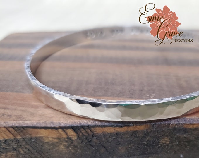Personalized Hammered Silver Bangle, 5mm Sterling Silver Hand Stamped Message Bracelet, Names, Custom Text, Grandma or Mom's Bracelet