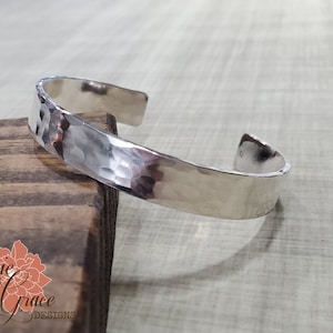 Thick Sterling Silver Cuff Bracelet 10mm, Hammered Cuff, Personalized Message, Hand Stamped Message Bangle
