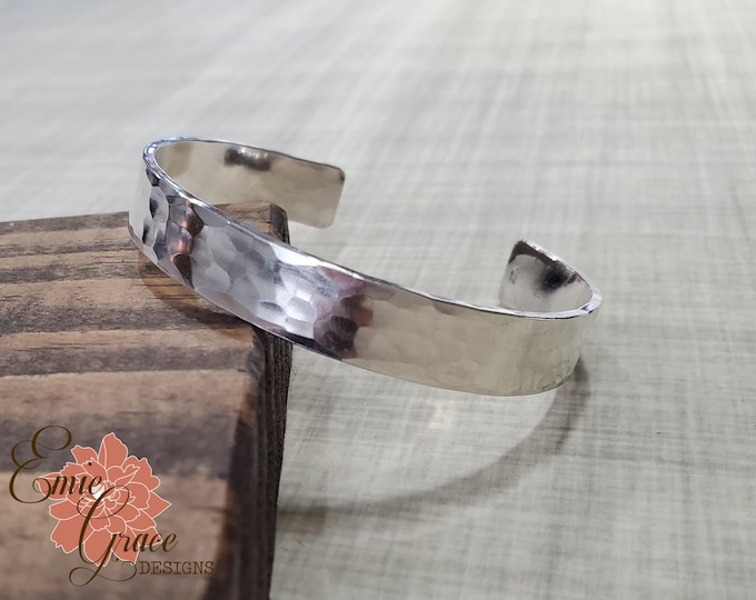 Thick Sterling Silver Cuff Bracelet 10mm, Hammered Cuff, Personalized Message, Hand Stamped Message Bangle