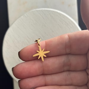 May include: A gold-colored star-shaped pendant charm. The charm has a pointed star design with five points.