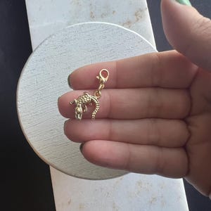 May include: A gold-coloured alligator charm with a lobster clasp. The charm is held in a hand with a light green painted fingernail. The charm is resting on a white, circular surface.