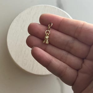 May include: A small, gold-colored charm in the shape of a dog. The charm is suspended from a small loop and is held in a person's hand. The background is a light-colored, circular surface.