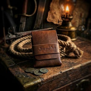 Könnte beinhalten: Ein braunes Lederportemonnaie mit dem Text "Jim and Chan LEATHER" auf der Vorderseite. Das Portemonnaie ist mit einem Lederriemen gesichert und liegt auf einer Holzkiste mit antiken Münzen.