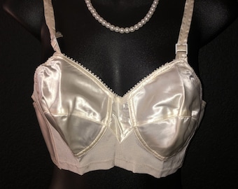 OLD STORE STOCK ~ Heavenly Vintage 1940-50's White Rayon Satin Bullet Bra  34A ~