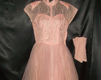 Wonderful Vintage Candy Pink Crinoline 1950's Party Gown Dress w/Wrist Covers 34