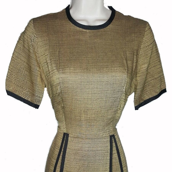 Vintage 1950's Golden Tan SEARS "Kerrybrooke" Office / Business Dress w/ Flattering Pleated Front 34-36