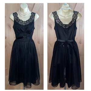 Exclusive Collection - Vintage 1950&#39;s VANITY FAIR Alluring Black Chiffon Overlay Waltz Nightgown 32