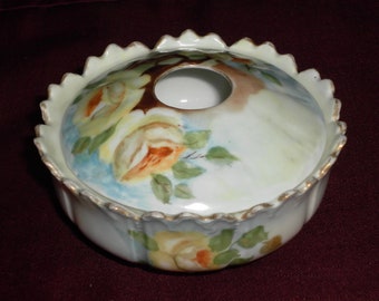 Vintage 1950's Bavarian Floral Ceramic Hair Receiver / Vanity Display Lidded Container