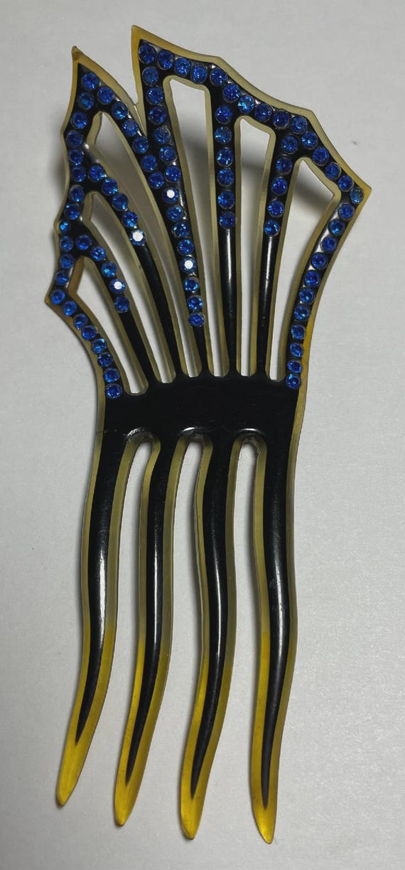Hair Comb Art Deco Celluloid Fan Shape Large Blue Rhinestones Mantilla Hair Comb Art Deco Celluloid Fan Shape Large Blue  main image 4