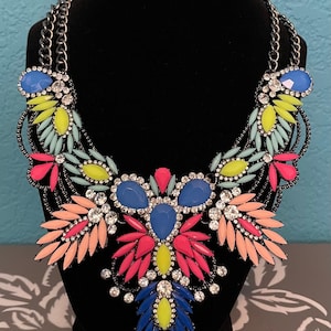 Extremely Vibrant Vintage 1980's Neon Colored Heavily Decorative Necklace w/ Adjustable Length