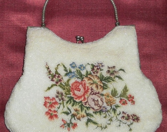 Vintage 1930er Jahre Stark Perlen & Floral bestickte Top Griff Kiss Lock Geldbörse / Handtasche