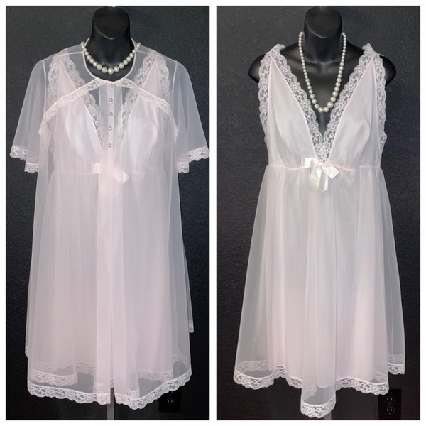 Exclusive Collection - NOS Truly Exquisite Vintage 1960's SHADOWLINE Powder Pink Chiffon, Lace, Nylon Nightgown & Peignoir Set M