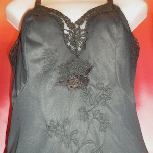 Vintage Top Lingerie Full Black Slip - All Nylon with Lace & Embroidery 34