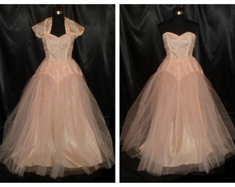 Vintage 1950's "Sylvia Ann" 2 Piece Strapless Pink Prom Party Bridesmaid 3 Layer Crinoline & Taffeta Gown Dress 34