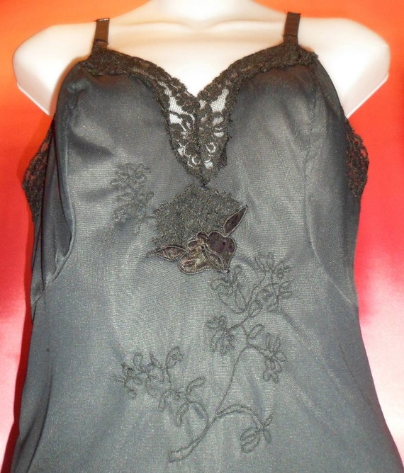 Vintage Top Lingerie Full Black Slip - All Nylon … - image 2