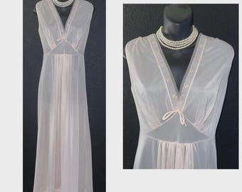 CLEARANCE!  Wispy & Elegant Vintage 1950's KICKERNICK "Restware" Semi-Sheer Pink Grecian Style Long Nightgown 36