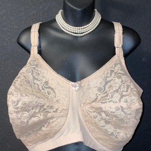 Vintage Goddess Beige Lace Bra Bra Brassiere Size 32 C Sheer Beige Lining  Ladies Made in the USA Rosette Floral 