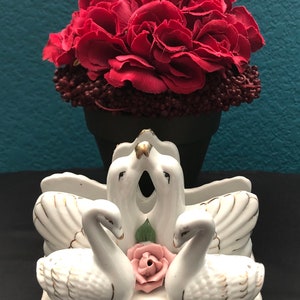 3 Piece Vintage 1950&#39;s Porcelain Swan Table Set - Salt & Pepper Shakers - Napkin Holder - Hand Painted - Gold Accents