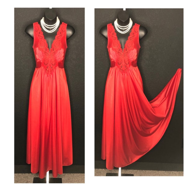 Free USA Shipping!!!  Sleek & Slimming! Vintage 1970's OLGA Lipstick Red "Grand Sweeping" Nightgown M #92280